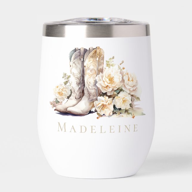 Boots & Bubbly Elegant Floral Bridal Bridesmaid Thermal Wine Tumbler (Front)