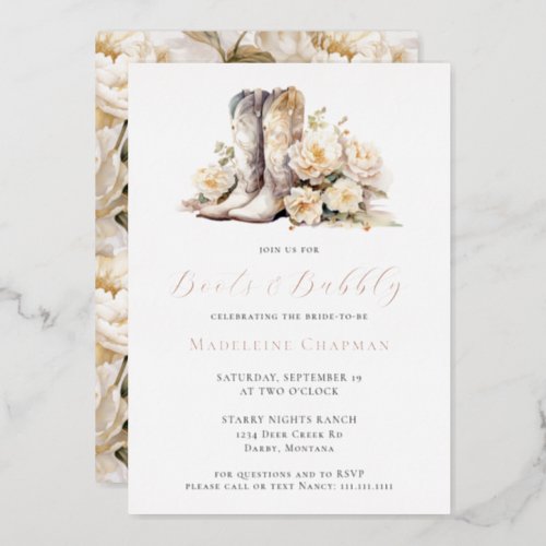 Boots  Bubbly Elegant Floral Bridal Shower Gold Foil Invitation