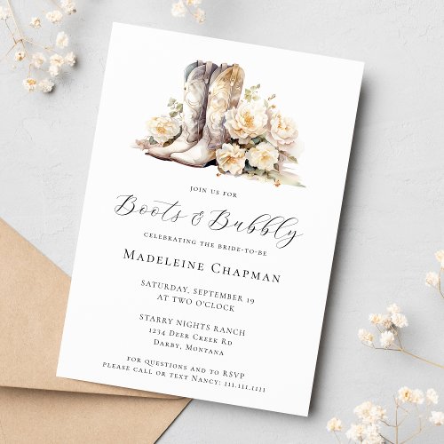 Boots  Bubbly Elegant Rustic Floral Bridal Shower Invitation