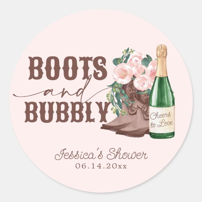 Boots & Bubbly Floral Champagne Bridal Shower Classic Round Sticker (Front)