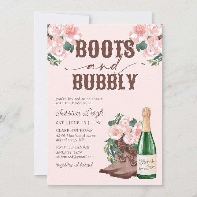Boots & Bubbly Floral Champagne Bridal Shower Invi Invitation (Front)