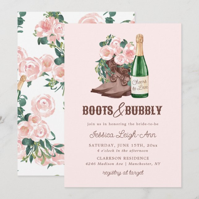 Boots & Bubbly Floral Champagne Bridal Shower Invitation (Front/Back)