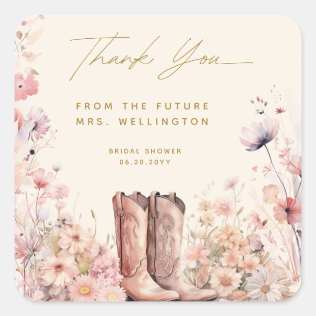Boots & Bubbly Floral Cowgirl Bridal Shower Square Sticker (Front)
