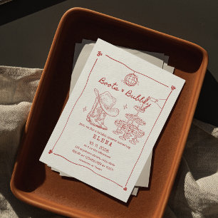 Boots & Bubbly Hand Drawn Red Bridal Shower  Invitation