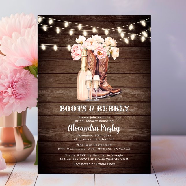Boots & Bubbly Rustic Cowgirl Floral BRIDAL SHOWER Invitation (Boots & Bubbly Rustic Cowgirl BRIDAL SHOWER Invitation)