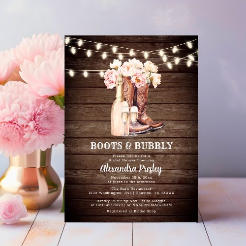 Boots  Bubbly Rustic Cowgirl Floral BRIDAL SHOWER Invitation