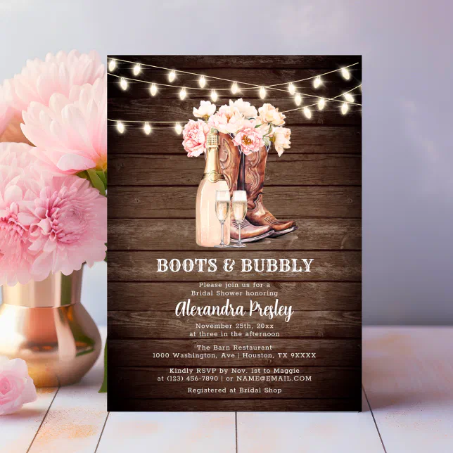 Boots & Bubbly Rustic Cowgirl Floral BRIDAL SHOWER Invitation | Zazzle