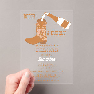 Boots Bubbly Rustic Western Country Bridal Shower Acrylic Invitations