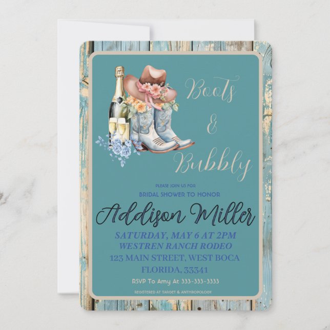 Boots & Bubbly Watercolor Bridal Shower  Invitation (Front)