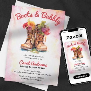 Boots & Bubbly Watercolor Floral Bridal Shower Invitation