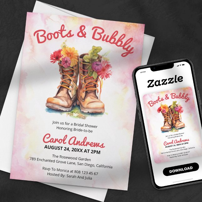 Boots & Bubbly Watercolor Floral Bridal Shower Invitation (Creator Uploaded)