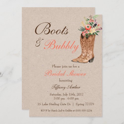 Boots  Bubbly Western Country Bridal Shower Invitation