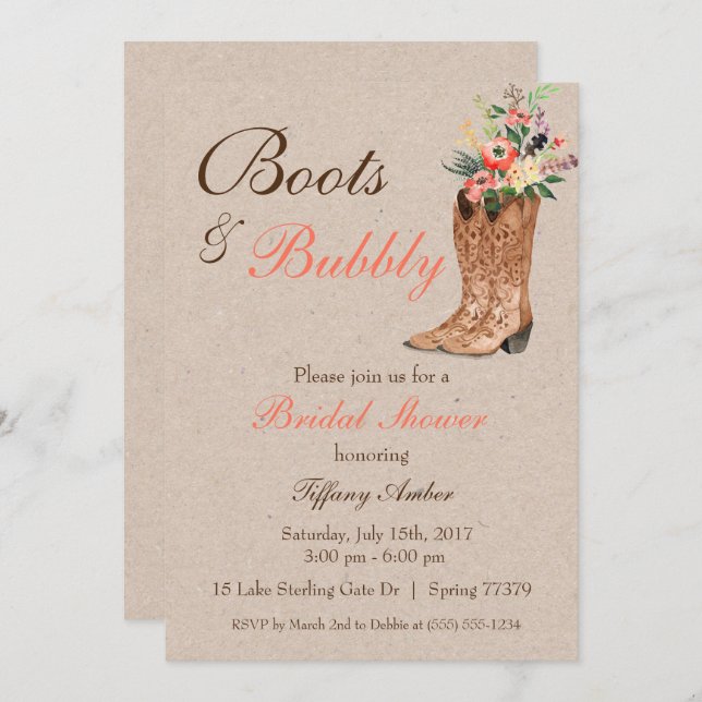 Boots & Bubbly Western Country Bridal Shower Invitation (Front/Back)