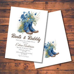 Boots & Bubbly Western Cowgirl Blue Bridal Shower Invitation