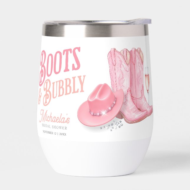 Boots & Bubbly Western Cowgirl Pink Bridal Shower Thermal Wine Tumbler (Left)