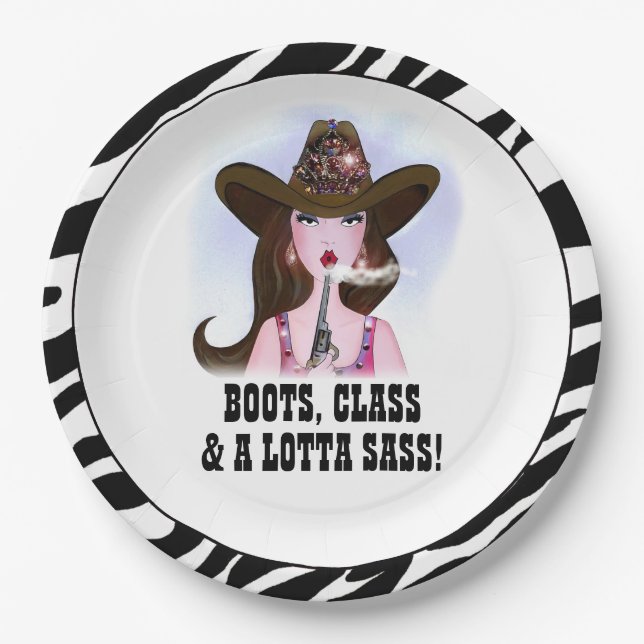 "BOOTS, CLASS & A LOTTA SASS!" PAPER PLATES (Front)