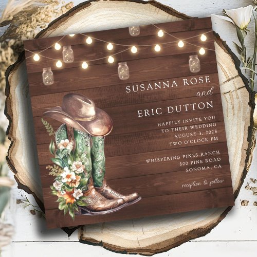 Boots Cowgirl Cowboy String Lights Floral Wedding Invitation