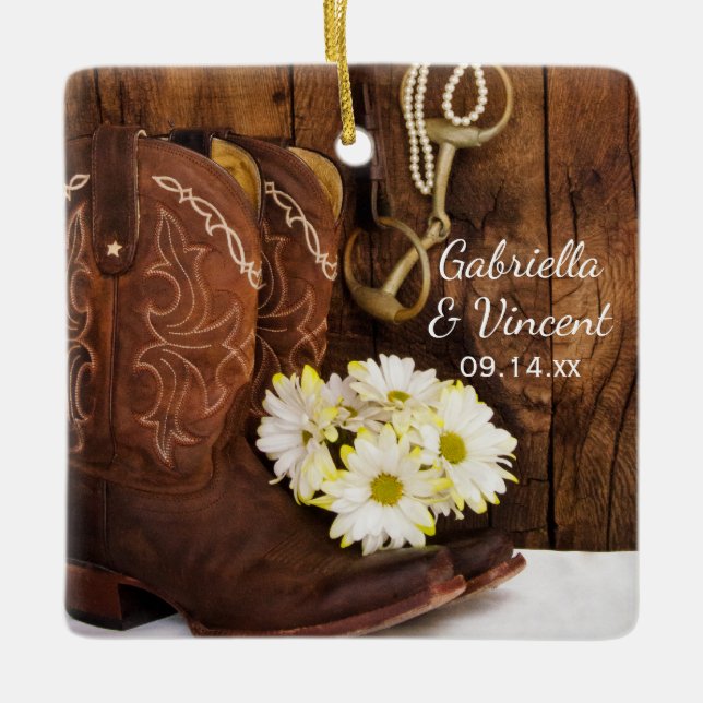 Boots Daisy Horse Bit Wedding Bridesmaid Thank You Ceramic Ornament (Front)