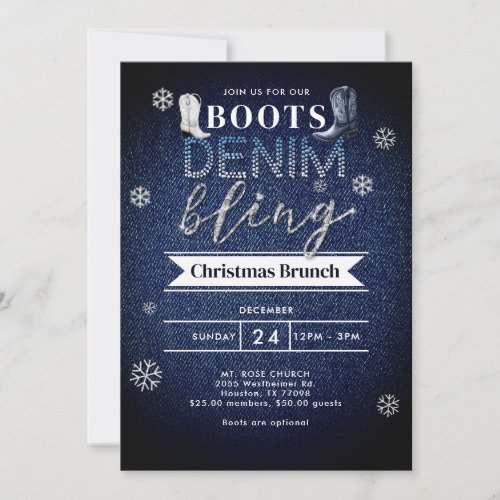 Boots Denim Bling Christmas Church Brunch Party Invitation