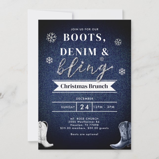 Boots Denim Bling Church Brunch Christmas Party Invitation (Front)