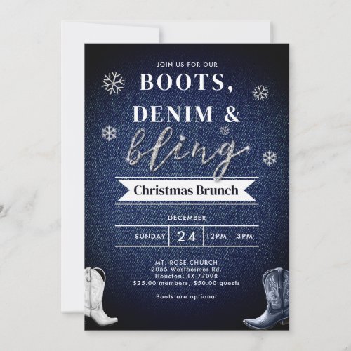Boots Denim Bling Church Brunch Christmas Party Invitation