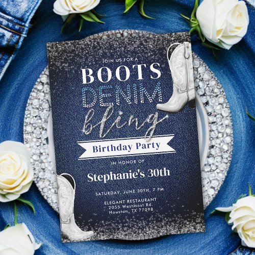 Boots Denim Bling Diamond Blue Jeans 30th Birthday Invitation