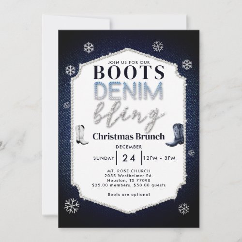 Boots Denim Bling Frame Christmas Church Brunch Invitation