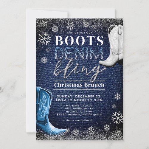 Boots Denim Bling Snow Frame Blue Christmas Party Invitation