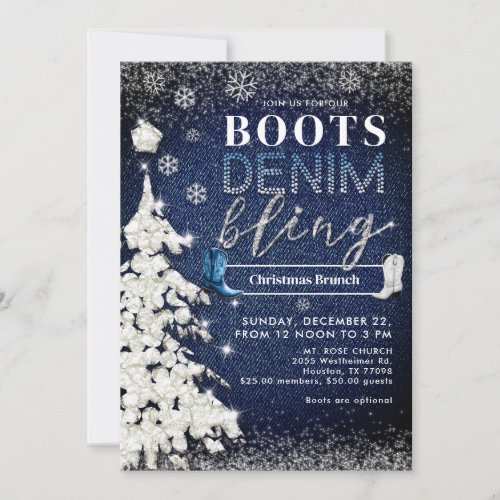 Boots Denim Bling Snow Tree Christmas Church Party Invitation