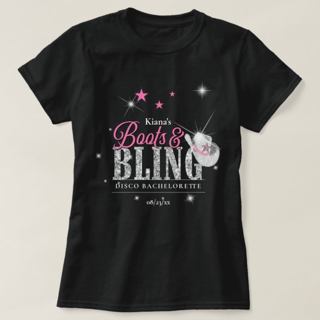 Boots 'n Bling Disco Bachelorette Black ID925 T-Shirt (Design Front)