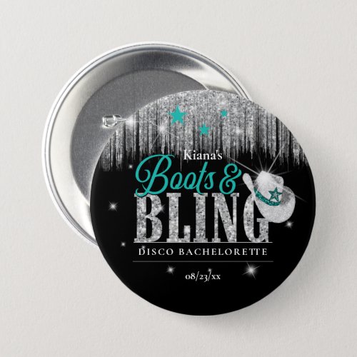 Boots n Bling Disco Bachelorette Teal ID925 Button
