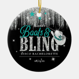 Boots 'n Bling Disco Bachelorette Teal ID925 Ceramic Ornament