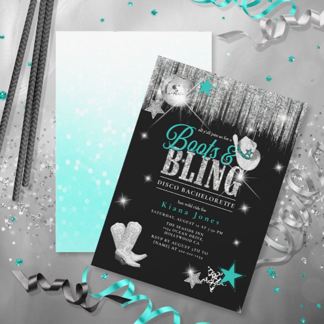 Boots 'n Bling Disco Bachelorette Teal ID925 Invitation (Creator Uploaded)