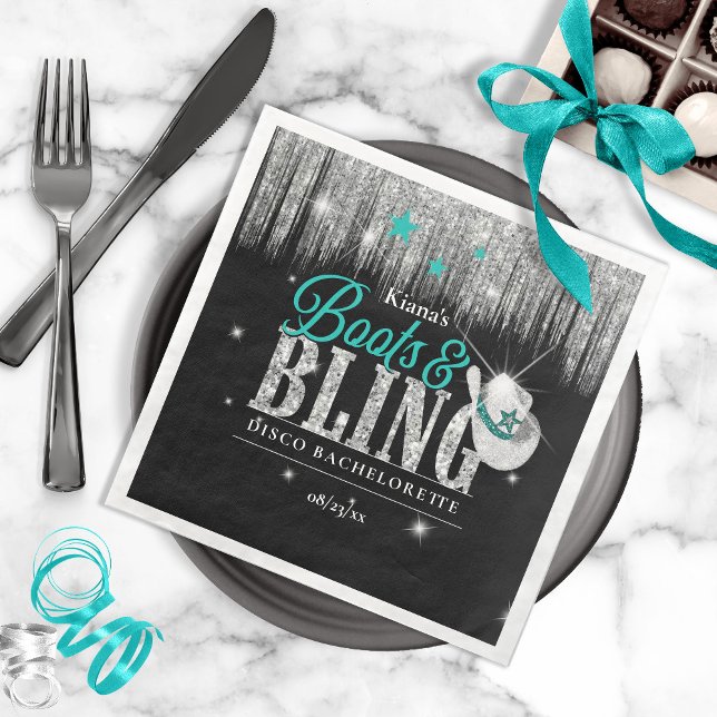 Boots 'n Bling Disco Bachelorette Teal ID925 Napkins (Creator Uploaded)