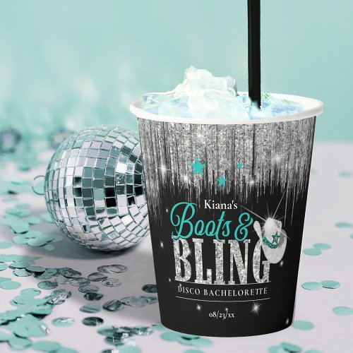 Boots n Bling Disco Bachelorette Teal ID925 Paper Cups