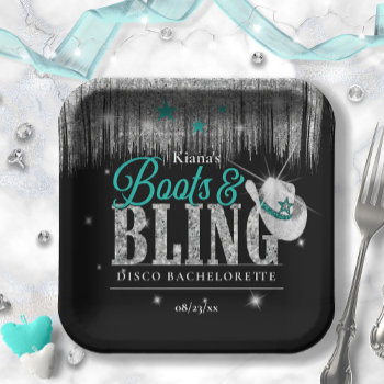 Boots 'n Bling Disco Bachelorette Teal Id925 Paper Plates by arrayforhome at Zazzle