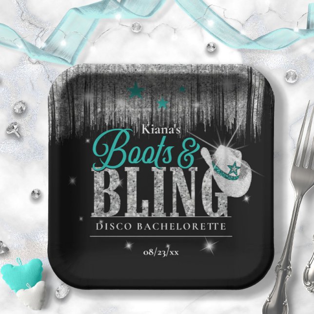 Boots 'n Bling Disco Bachelorette Teal ID925 Paper Plates (Creator Uploaded)