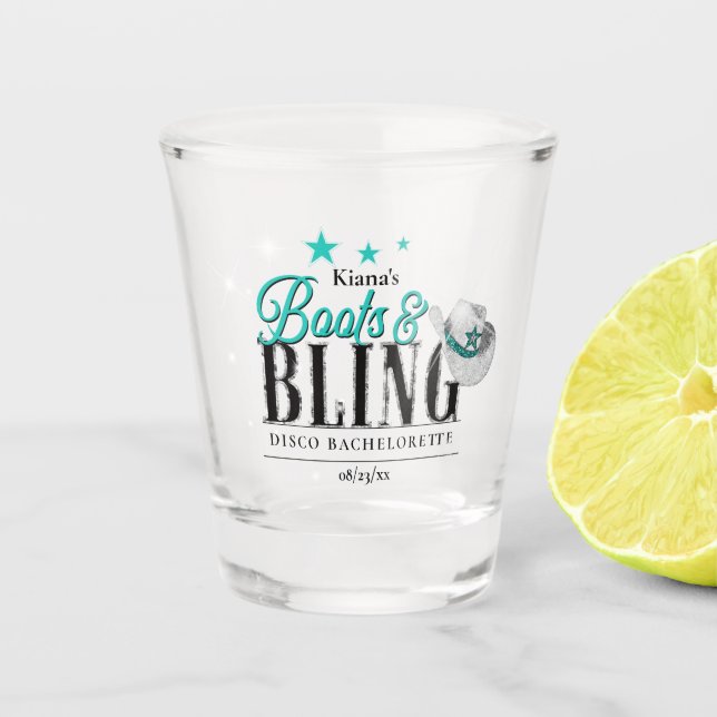 Boots 'n Bling Disco Bachelorette Teal ID925  Shot Glass (Front)