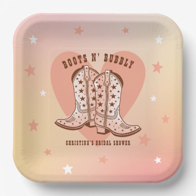 Boots N' Bubbly Cowboy Boots Heart Bridal Shower Paper Plates (Front)