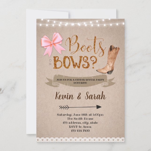 Boots or bow gender reveal party invitation (Front)
