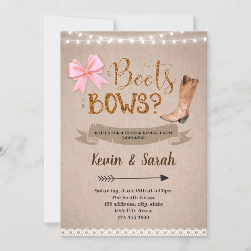 Boots or bow gender reveal party invitation