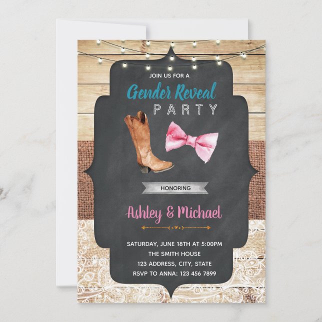 Boots or bow gender reveal shower invitation (Front)