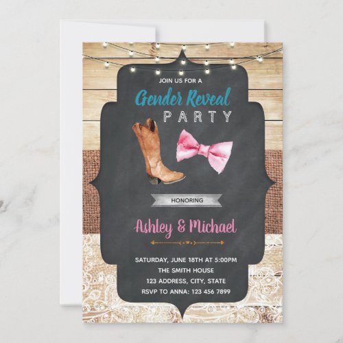 Boots or bow gender reveal shower invitation