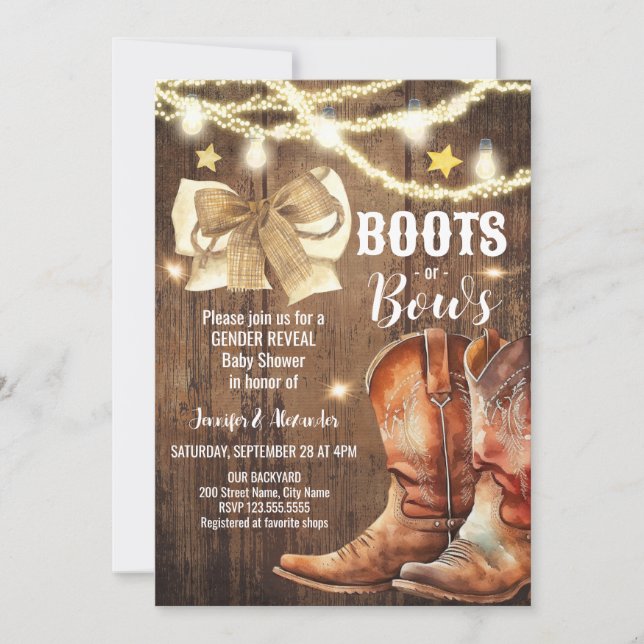 Boots or Bows Gender Reveal Baby Shower Invitation (Front)