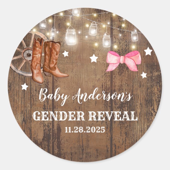Boots or Bows Gender Reveal Classic Round Sticker (Front)