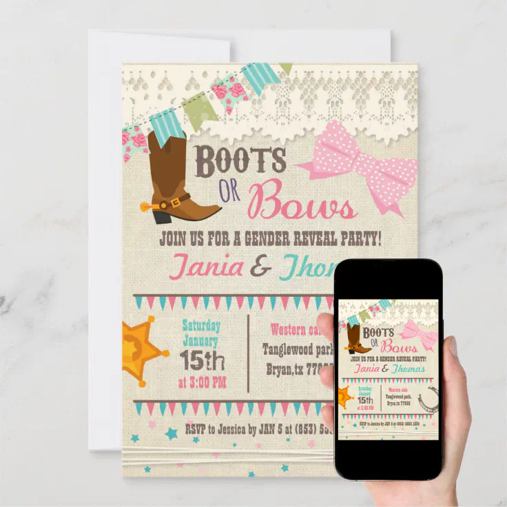 Boots Or Bows Gender Reveal Invitation Zazzle 3120