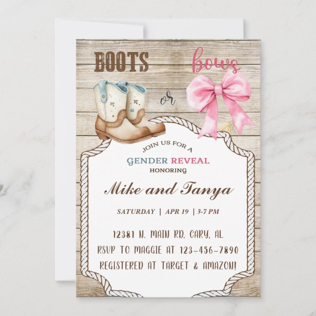 Boots or Bows gender reveal invitation, invite. Invitation (Front)