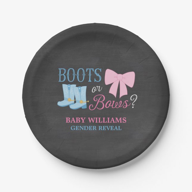 Boots or Bows Gender Reveal Party Baby Shower Paper Plates (Front)