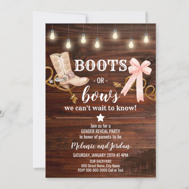 Boots or Bows Gender Reveal Party Invitation (Front)