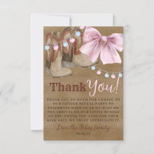 Boots or bows gender reveal Thank you Card 